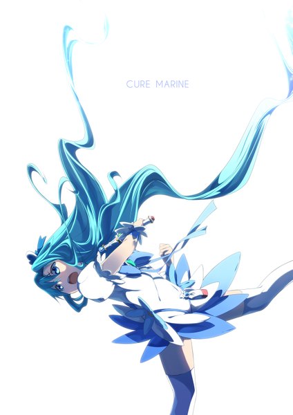Anime picture 1157x1636 with precure heartcatch precure! toei animation kurumi erika cure marine yuuzii single long hair tall image open mouth blue eyes simple background white background blue hair girl dress
