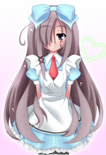 Anime picture 1000x1470 with alice in wonderland alice (wonderland) sasaki saki single long hair tall image blush fringe simple background white background purple eyes grey hair hair over one eye girl dress bow hair bow