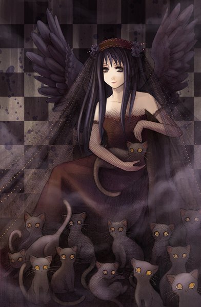 Anime picture 1306x2000 with original radittz long hair tall image looking at viewer black hair sitting bare shoulders black eyes lipstick checkered background girl dress gloves hair ornament wings elbow gloves cat