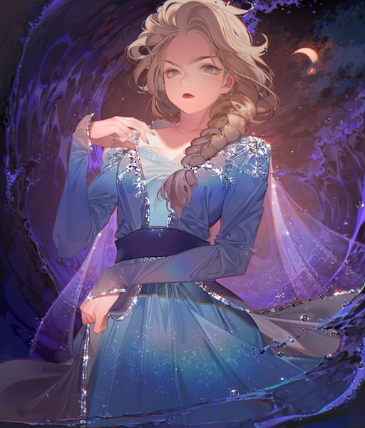 Anime picture 875x1024 with frozen (disney) disney elsa (frozen) kawacy single long hair tall image looking at viewer breasts blue eyes blonde hair standing signed outdoors braid (braids) long sleeves nail polish fingernails night sparkle