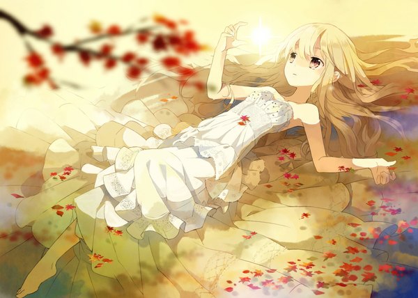 Anime picture 1036x740 with original tiv long hair blonde hair brown eyes lying girl dress water white dress leaf (leaves) sundress branch