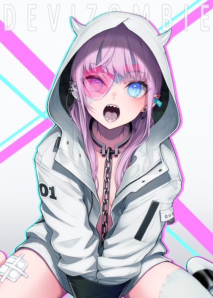 Anime picture 1500x2100 with original chimachi single long hair tall image looking at viewer blush fringe open mouth light erotic simple background sitting horn (horns) pointy ears teeth heterochromia piercing wariza ear piercing sharp teeth