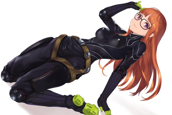 Anime picture 1500x1000 with persona 5 persona sakura futaba cait single long hair looking at viewer fringe simple background white background purple eyes full body blunt bangs orange hair arm support kneeling girl glasses bodysuit