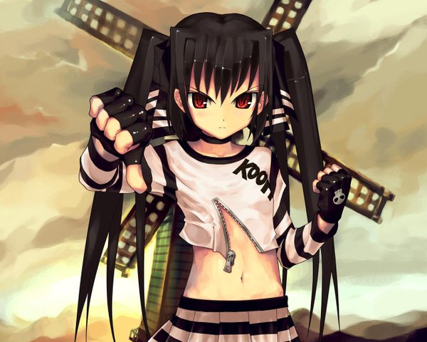Anime picture 1280x1024 with pangya kooh red eyes twintails pleated skirt unzipped skirt gloves navel choker fingerless gloves t-shirt skull windmill