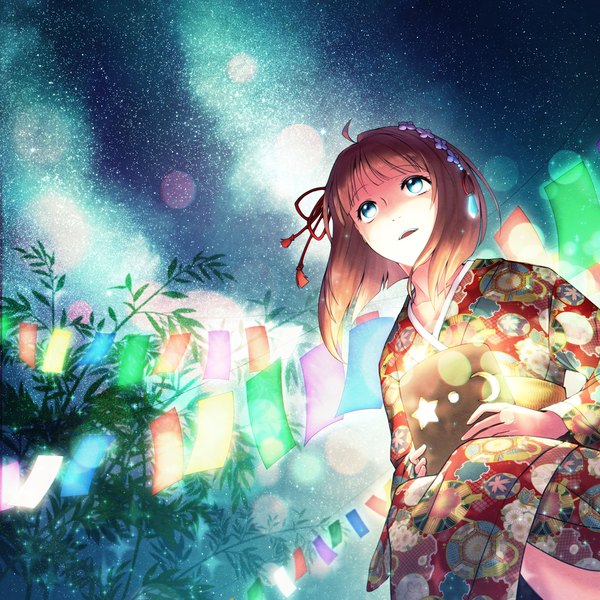 Anime picture 1240x1240 with original niduca single short hair open mouth blue eyes brown hair wind night sky looking up girl plant (plants) star (stars) yukata