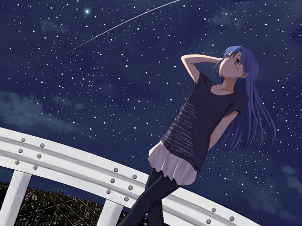 Anime picture 1333x1000 with idolmaster kisaragi chihaya teru (grafroller) single long hair brown eyes blue hair night shooting star girl star (stars)