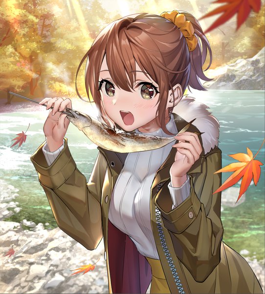 Anime picture 1000x1108 with original teffish single tall image looking at viewer blush fringe short hair breasts open mouth hair between eyes brown hair standing holding brown eyes payot outdoors ponytail sunlight open clothes