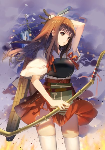 Anime picture 1800x2570 with kantai collection akagi aircraft carrier yukizakura (neon-neon) single long hair tall image fringe highres breasts hair between eyes brown hair standing holding brown eyes looking away sky outdoors traditional clothes japanese clothes wind