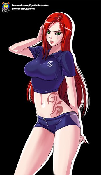 Anime picture 636x1100 with league of legends katarina (league of legends) kyoffie12 single long hair tall image looking at viewer breasts light erotic simple background green eyes red hair midriff tattoo legs black background scar girl navel t-shirt