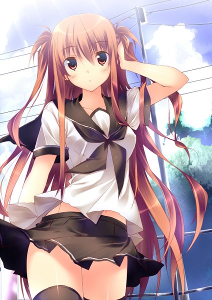 Anime picture 1000x1414 with tororo inniina kuwashima rein single long hair tall image looking at viewer blush red eyes brown hair two side up girl skirt uniform school uniform miniskirt shirt