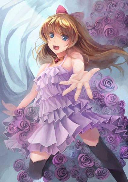 Anime picture 2480x3507 with original youxuemingdie single long hair tall image highres open mouth blue eyes blonde hair standing bare shoulders :d outstretched arm >:d girl thighhighs dress flower (flowers) bow black thighhighs