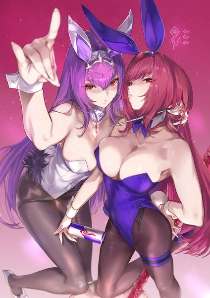 Anime picture 800x1131 with fate (series) fate/grand order red bull scathach (fate) (all) scathach skadi (fate) scathach (piercing bunny) (fate) ohland long hair tall image fringe breasts light erotic hair between eyes red eyes large breasts multiple girls animal ears cleavage purple hair red hair