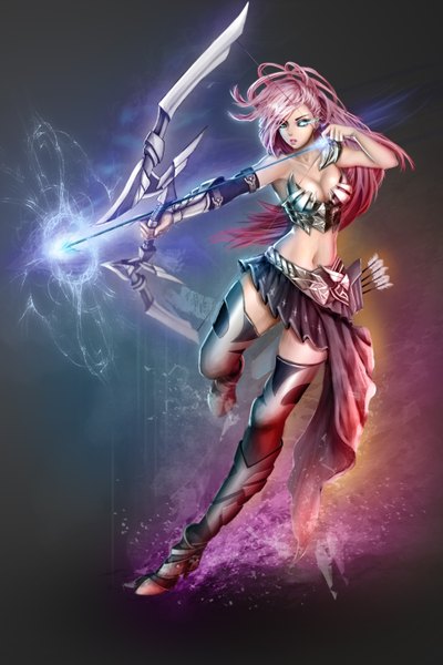 Anime picture 1969x2953 with ashirok-on (artist) single long hair tall image highres breasts blue eyes looking away pink hair lips bare belly midriff glowing glowing eye (eyes) glowing weapon girl navel weapon bow (weapon) arrow (arrows)