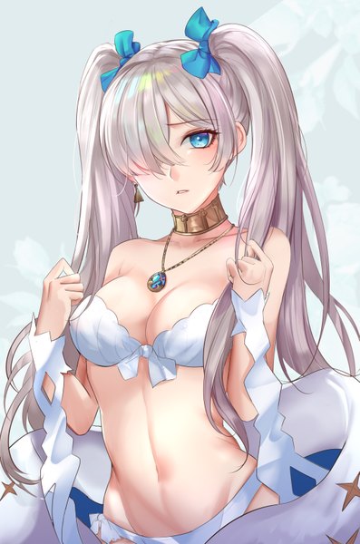 Anime picture 2150x3247 with fate (series) fate/grand order anastasia (fate) lan yu single long hair tall image looking at viewer blush fringe highres breasts blue eyes light erotic simple background large breasts standing twintails bare shoulders cleavage