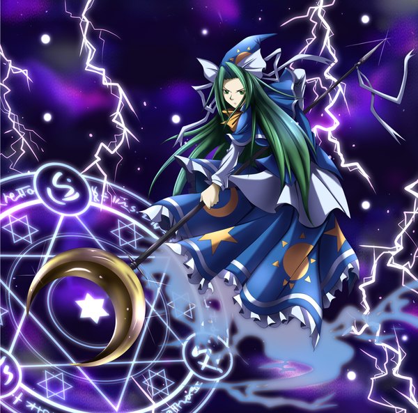 Anime picture 1500x1484 with touhou mima single long hair green eyes green hair magic lightning girl staff magic circle