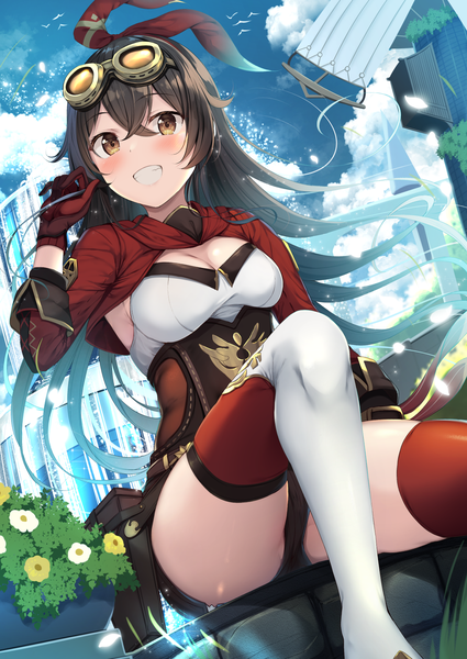 Anime picture 1254x1771 with genshin impact amber (genshin impact) tomoo (tomo) single long hair tall image looking at viewer blush fringe breasts light erotic black hair smile hair between eyes large breasts sitting brown eyes sky cleavage outdoors