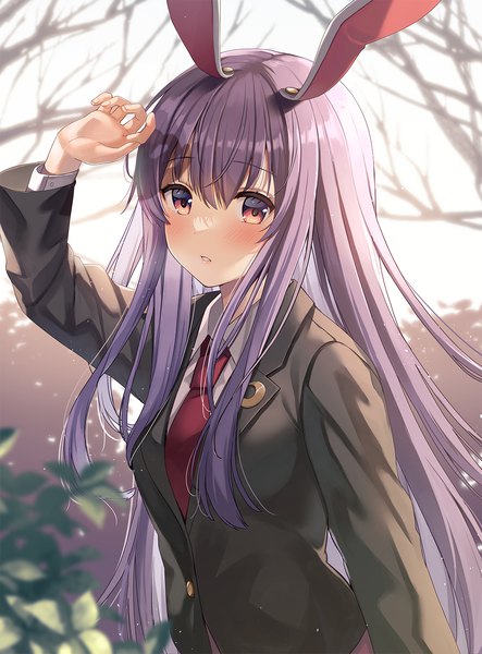Anime picture 1108x1500 with touhou reisen udongein inaba yuuka nonoko single long hair tall image looking at viewer blush fringe hair between eyes red eyes animal ears purple hair outdoors arm up bunny ears girl plant (plants) tree (trees) necktie