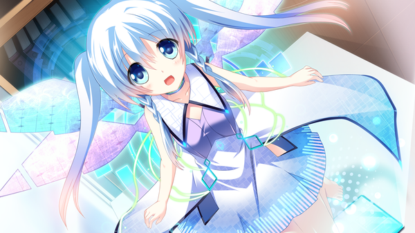 Anime picture 2560x1440 with cocoro@function! beru (cocoro@function) hinata momo single long hair looking at viewer blush highres open mouth blue eyes wide image twintails game cg white hair girl dress wings