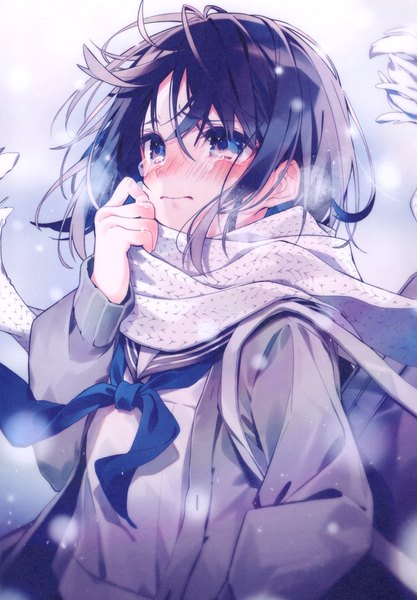 Anime picture 3208x4619 with original oshio (dayo) single tall image blush fringe highres short hair blue eyes simple background hair between eyes standing blue hair looking away absurdres upper body long sleeves scan open jacket tears