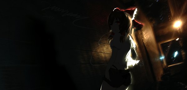 Anime picture 2900x1400 with touhou hakurei reimu mivit single long hair looking at viewer highres smile brown hair wide image standing brown eyes outdoors looking back night light alley girl bow hair bow