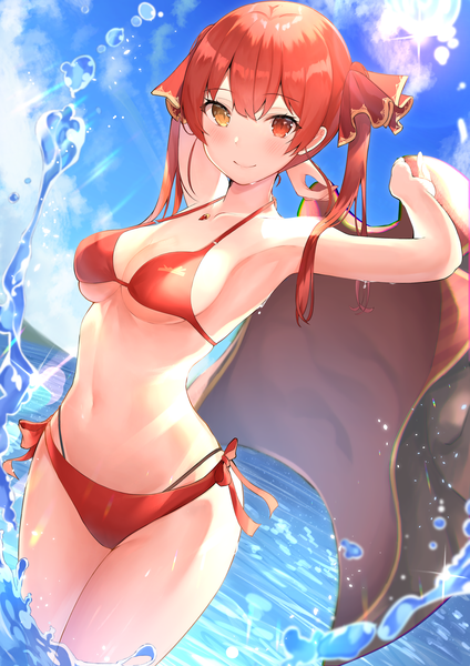Anime picture 3969x5613 with virtual youtuber hololive houshou marine shiina aoi single long hair tall image looking at viewer blush fringe highres breasts light erotic smile hair between eyes red eyes standing twintails holding yellow eyes