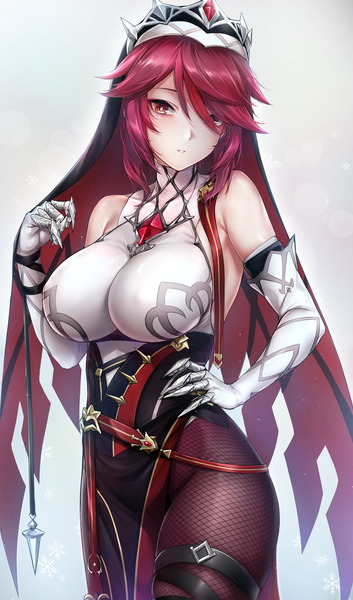 Anime picture 3527x6000 with genshin impact rosaria (genshin impact) rei kun single tall image looking at viewer blush fringe highres short hair breasts light erotic simple background red eyes large breasts standing bare shoulders absurdres red hair parted lips