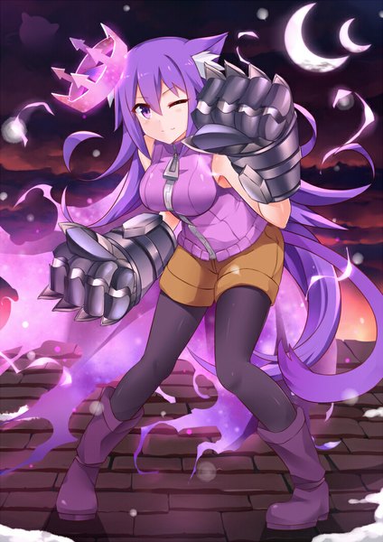 Anime picture 750x1060 with original mmrailgun single tall image blush smile purple eyes animal ears purple hair cloud (clouds) very long hair night night sky sleeveless torn clothes crescent girl pantyhose shorts boots
