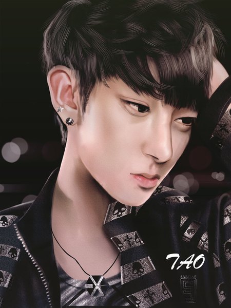 Anime picture 1000x1333 with real life huang zitao sardae single tall image short hair black hair simple background looking away lips black eyes realistic piercing black background portrait hand on head boy earrings pendant