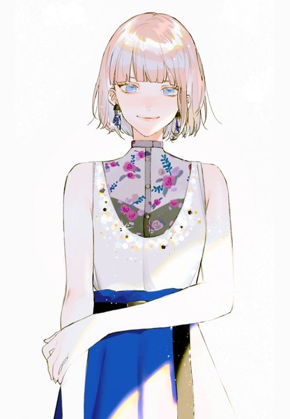 Anime picture 1034x1492 with original vient single tall image looking at viewer fringe short hair blue eyes blonde hair simple background smile standing white background bare shoulders blunt bangs sparkle lipstick floral print holding arm fashion