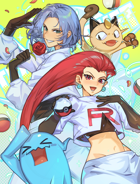 Anime picture 3095x4074 with pokemon nintendo meowth jessie (pokemon) james (pokemon) wobbuffet mato-c long hair tall image looking at viewer highres short hair open mouth smile standing holding blue hair absurdres red hair long sleeves