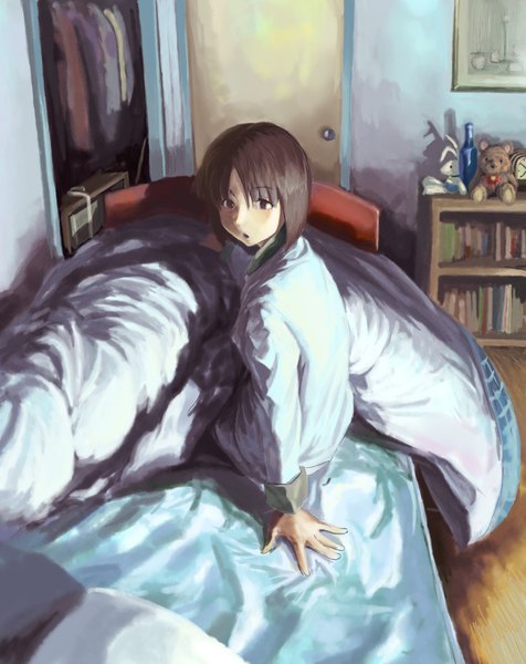 Anime picture 1500x1889 with akio-bako (artist) single tall image fringe short hair brown hair brown eyes looking back :o back girl book (books) bed toy shelf bookshelf bedroom bear