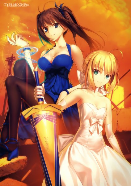 Anime picture 2970x4200 with fate (series) fate/stay night mahou tsukai no yoru studio deen type-moon artoria pendragon (all) saber aozaki aoko takeuchi takashi long hair tall image highres blue eyes blonde hair brown hair multiple girls green eyes ponytail scan official art