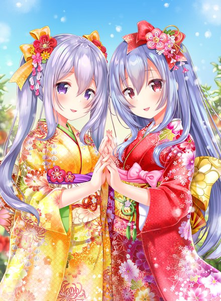 Anime picture 1504x2048 with aoba project aoba chise aoba rena sakura moyon long hair tall image looking at viewer blush fringe open mouth smile hair between eyes red eyes standing purple eyes twintails multiple girls payot sky purple hair