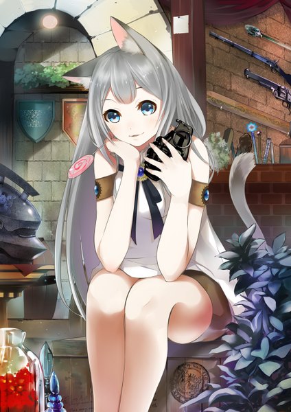 Anime picture 1000x1414 with original tate (donnguriumai) long hair tall image looking at viewer blue eyes sitting animal ears silver hair cat ears cat girl cat tail girl lollipop grenade