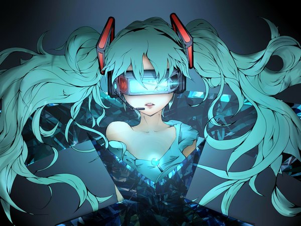Anime picture 1680x1260 with vocaloid hatsune miku tagme (artist) long hair twintails bare shoulders aqua hair girl microphone