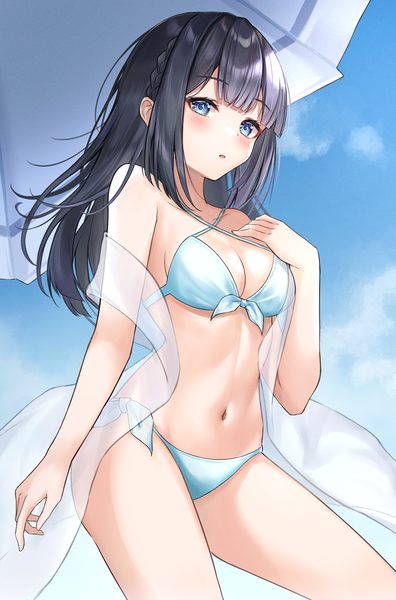 Anime picture 1080x1636 with seishun buta yarou cloverworks makinohara shouko atychi single long hair tall image blush fringe breasts blue eyes light erotic black hair sky cloud (clouds) blunt bangs from below girl navel swimsuit