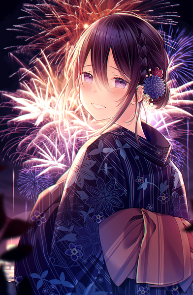 Anime picture 2609x3995 with original kuro namako single tall image looking at viewer blush fringe highres short hair black hair smile purple eyes payot upper body outdoors braid (braids) traditional clothes japanese clothes looking back from behind