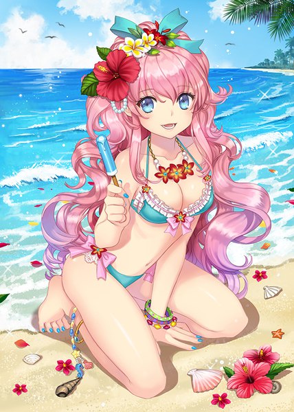 Anime picture 600x840 with original briska single long hair tall image looking at viewer blush fringe breasts open mouth blue eyes light erotic smile hair between eyes bare shoulders holding payot pink hair sky cleavage