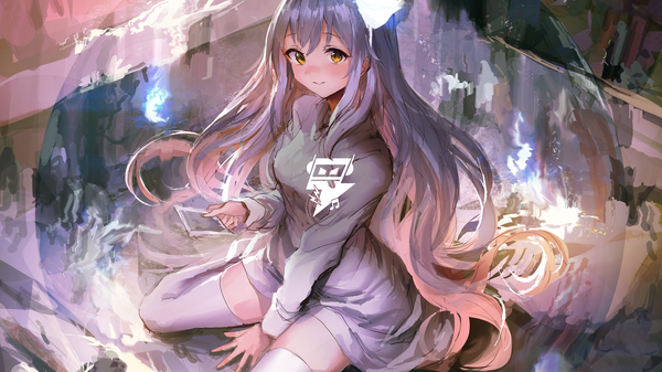 Anime picture 1920x1080 with original lm7 (op-center) single looking at viewer blush fringe highres smile hair between eyes wide image sitting holding yellow eyes payot purple hair very long hair from above watermark wariza between legs
