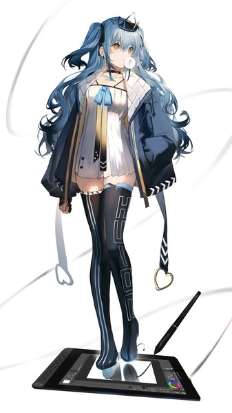 Anime picture 1080x1920 with original huion hatachi8p single long hair tall image fringe hair between eyes white background yellow eyes blue hair looking away full body open jacket two side up zettai ryouiki turning head hand in pocket bubble blowing girl