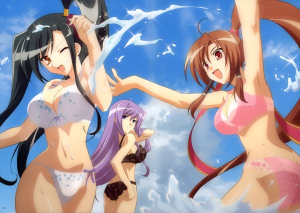 Anime picture 5924x4211 with koihime musou doga kobo kanu bachou mouki (koihime musou) kouchuu long hair highres open mouth blue eyes light erotic black hair red eyes brown hair multiple girls payot absurdres purple hair ponytail one eye closed wink
