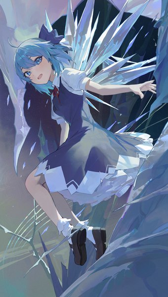 Anime picture 1500x2646 with touhou cirno modare single tall image looking at viewer fringe short hair open mouth blue eyes hair between eyes blue hair full body ahoge :d puffy sleeves girl dress wings socks