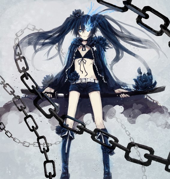 Anime picture 1750x1850 with black rock shooter black rock shooter (character) lechat single long hair tall image highres blue eyes black hair twintails glowing scar glowing eye (eyes) unsheathing girl flower (flowers) weapon sword shorts katana