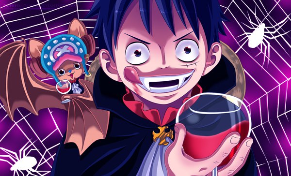 Anime picture 1316x800 with one piece toei animation monkey d. luffy tony tony chopper uchiha-itasuke looking at viewer fringe short hair open mouth black hair simple background smile wide image holding animal ears upper body black eyes multiple boys teeth fang (fangs)