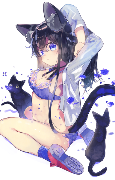 Anime picture 800x1250 with original munya nmts long hair tall image looking at viewer blush fringe blue eyes light erotic black hair simple background hair between eyes white background sitting animal ears full body bent knee (knees) tail animal tail looking back