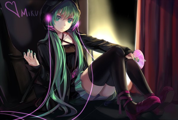 Anime picture 1200x808 with vocaloid hatsune miku rifsom single long hair sitting twintails green eyes nail polish green hair girl thighhighs black thighhighs headphones hood