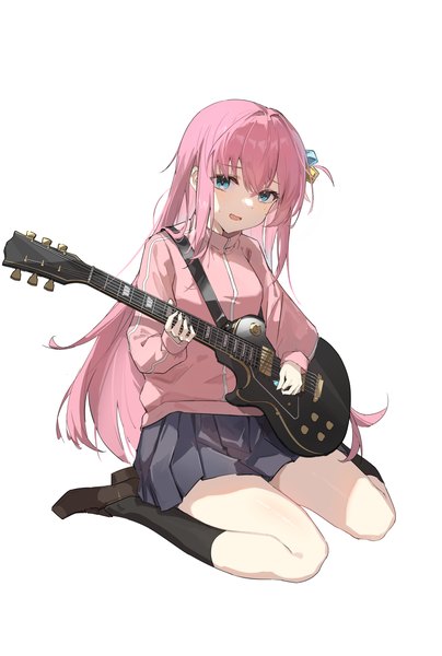 Anime picture 3648x5420 with bocchi the rock! cloverworks gotou hitori chenmu sora single long hair tall image fringe highres blue eyes simple background hair between eyes white background sitting pink hair absurdres one side up wariza playing instrument girl