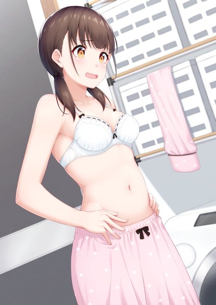 Anime picture 2508x3541 with original ochiai miyabi single long hair tall image fringe highres breasts open mouth light erotic brown hair standing twintails bare shoulders yellow eyes payot looking away cleavage indoors blunt bangs