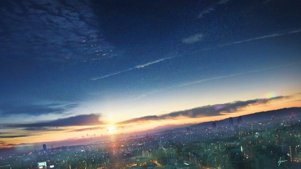 Anime picture 1920x1080 with original niko p highres wide image signed sky cloud (clouds) wallpaper no people landscape scenic city lights animal bird (birds) building (buildings) sun
