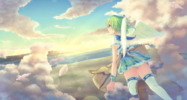 Anime picture 1400x751 with original sakakidani single blush short hair blue eyes wide image sky cloud (clouds) green hair flying girl thighhighs dress white thighhighs wings